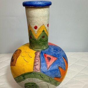 Handmade Clay Pottery Pitcher Signed Colorful Decorative Artwork